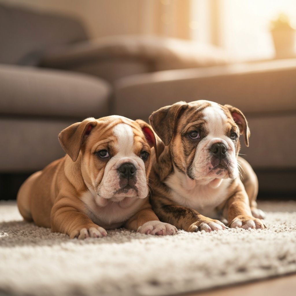 Adorable English Bulldog puppies sitting together